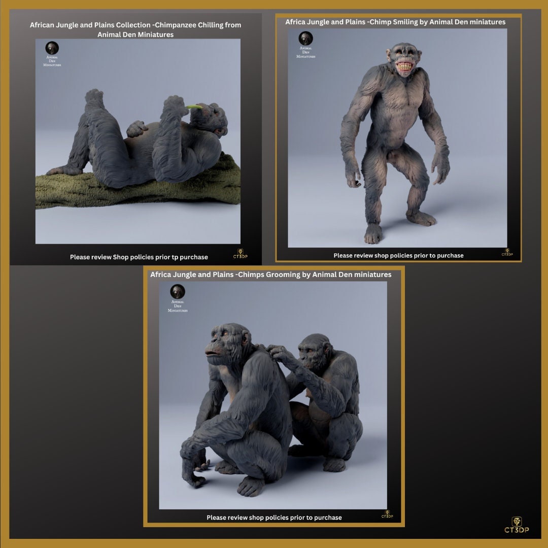 Chimps Chilling-Grinning and Grooming by Animal Den Miniatures- Quality detail. Chimpanzee-Wild-jungle-forest-Africa-grooming-smiling