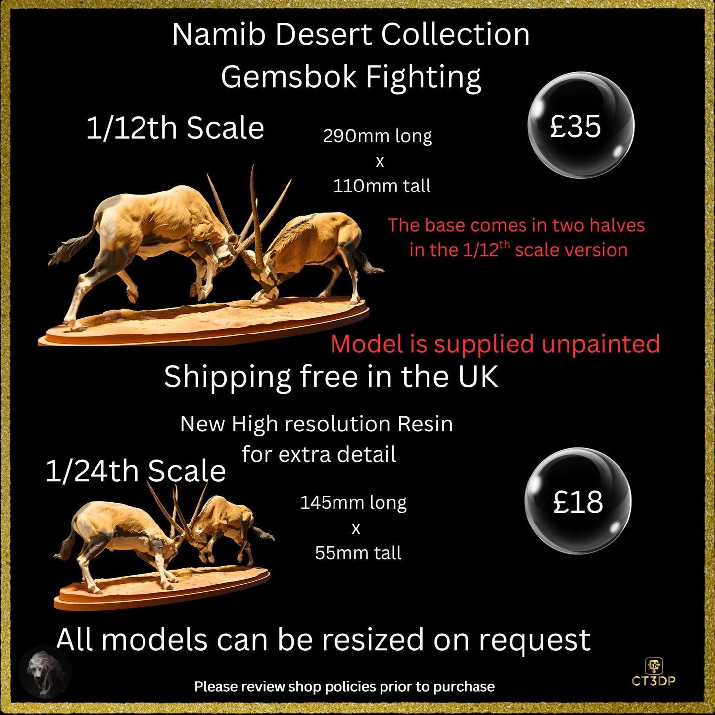 Namib Desert Collection- 2 Fighting Gemsbok- Model can be printed either 1/12th scale and at 1/24th scale