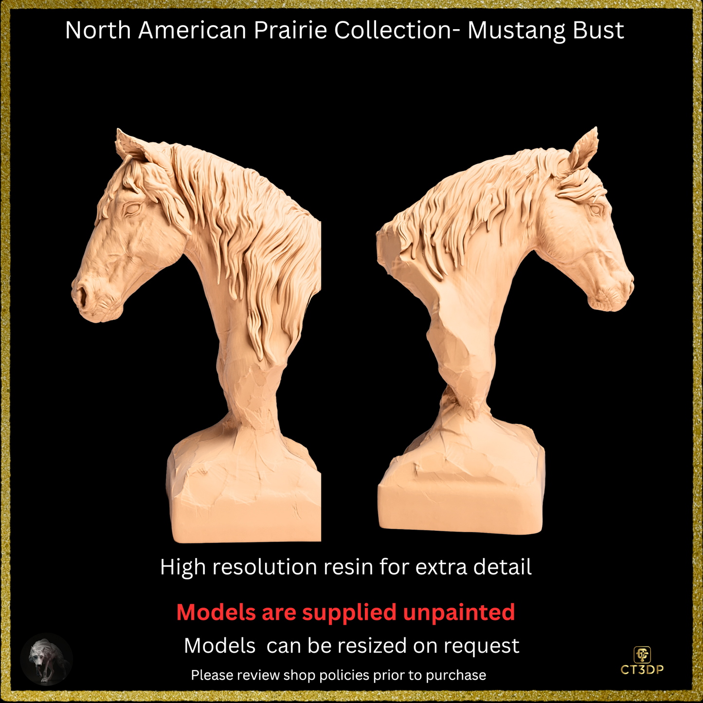 3D resin printed Mustang Bust from the North American Prairie collection