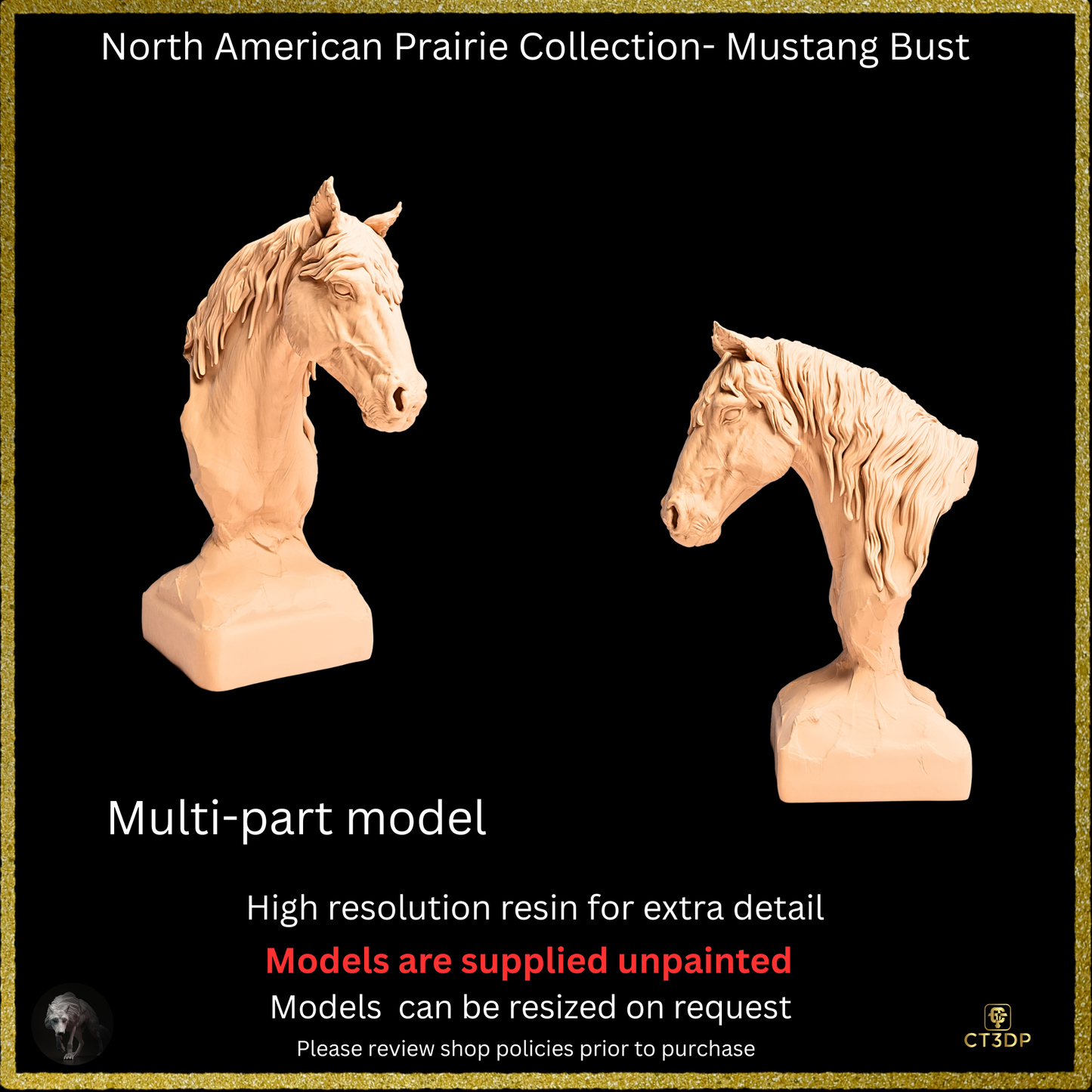 3D resin printed Mustang Bust from the North American Prairie collection