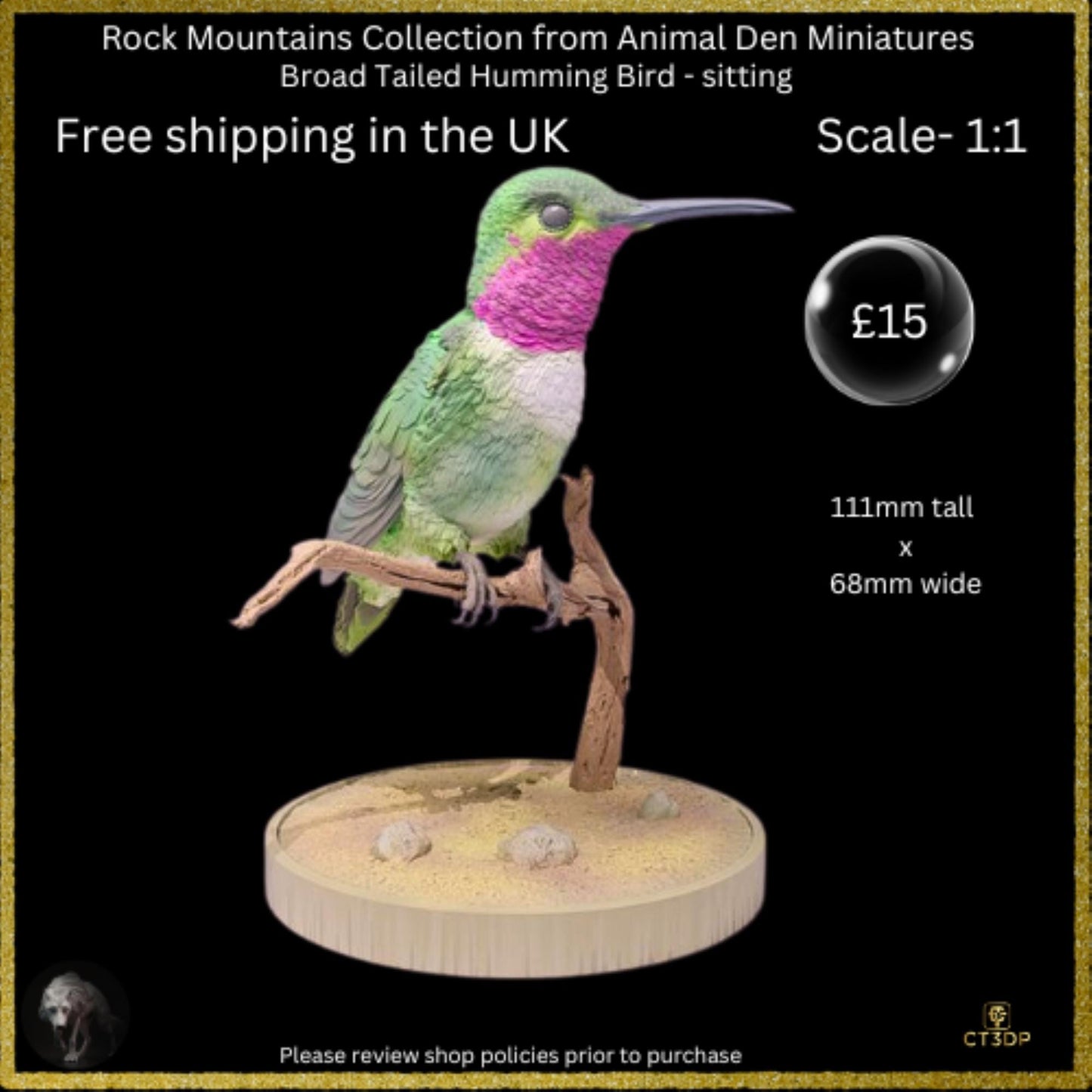 3D Printed Broad-Tailed Hummingbird Miniature - Animal Den Minis