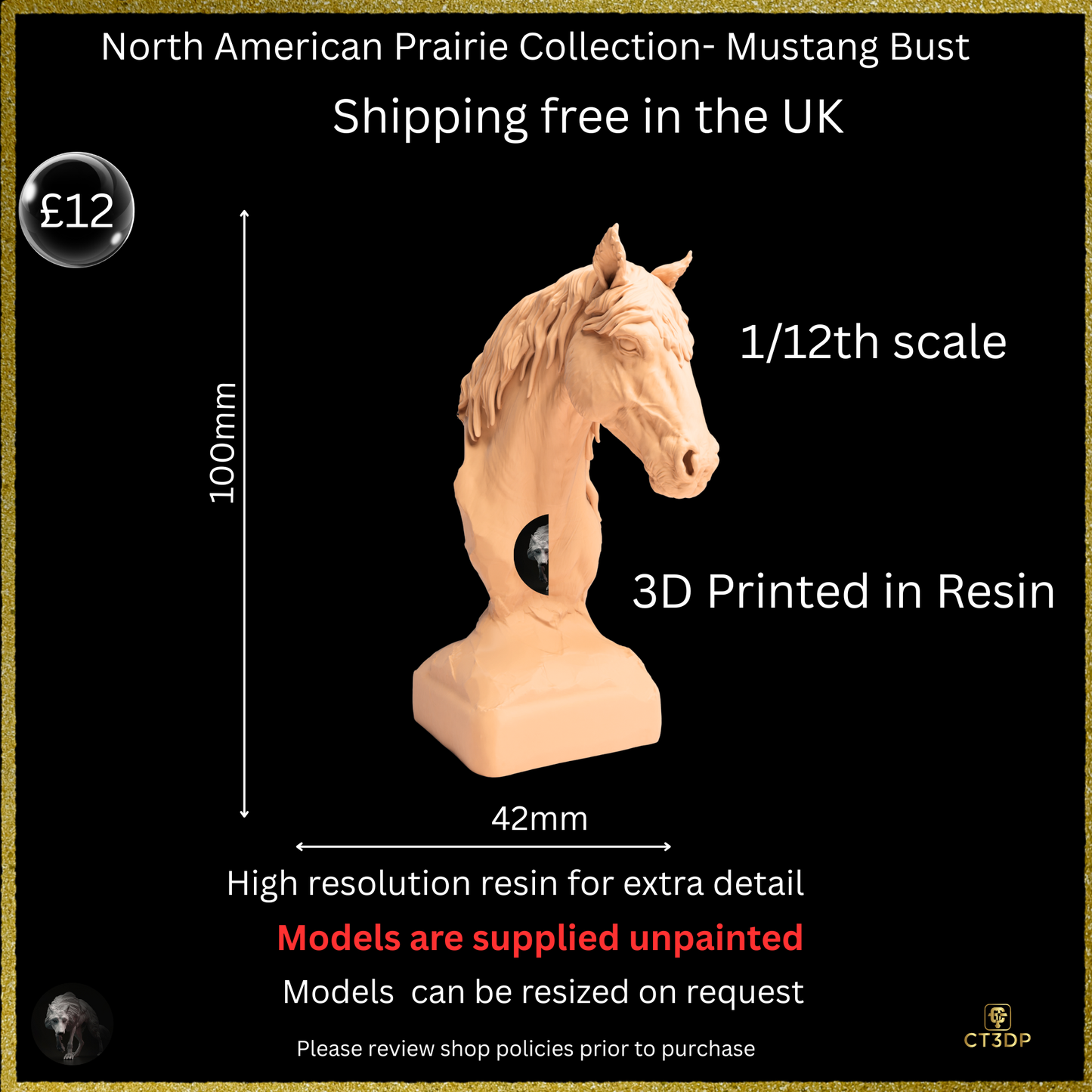 3D resin printed Mustang Bust from the North American Prairie collection