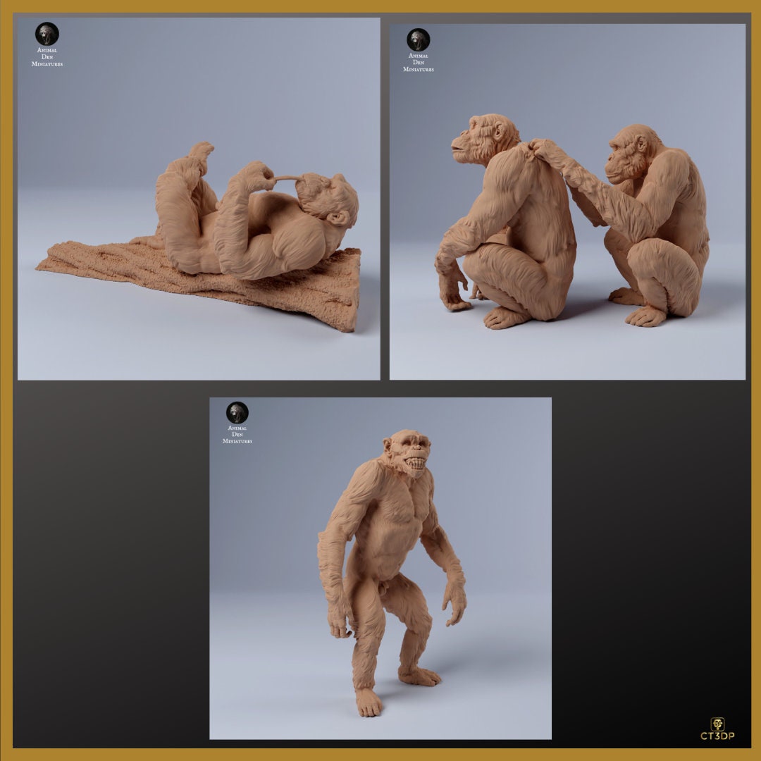 Chimps Chilling-Grinning and Grooming by Animal Den Miniatures- Quality detail. Chimpanzee-Wild-jungle-forest-Africa-grooming-smiling