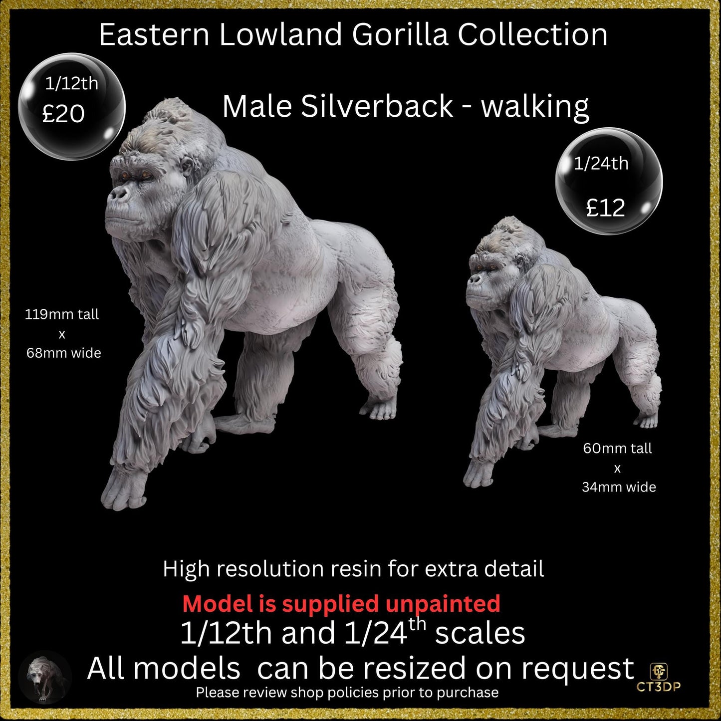 Miniature Eastern Gorilla Model- 3D printed with Hi-Resolution resin for outstanding details