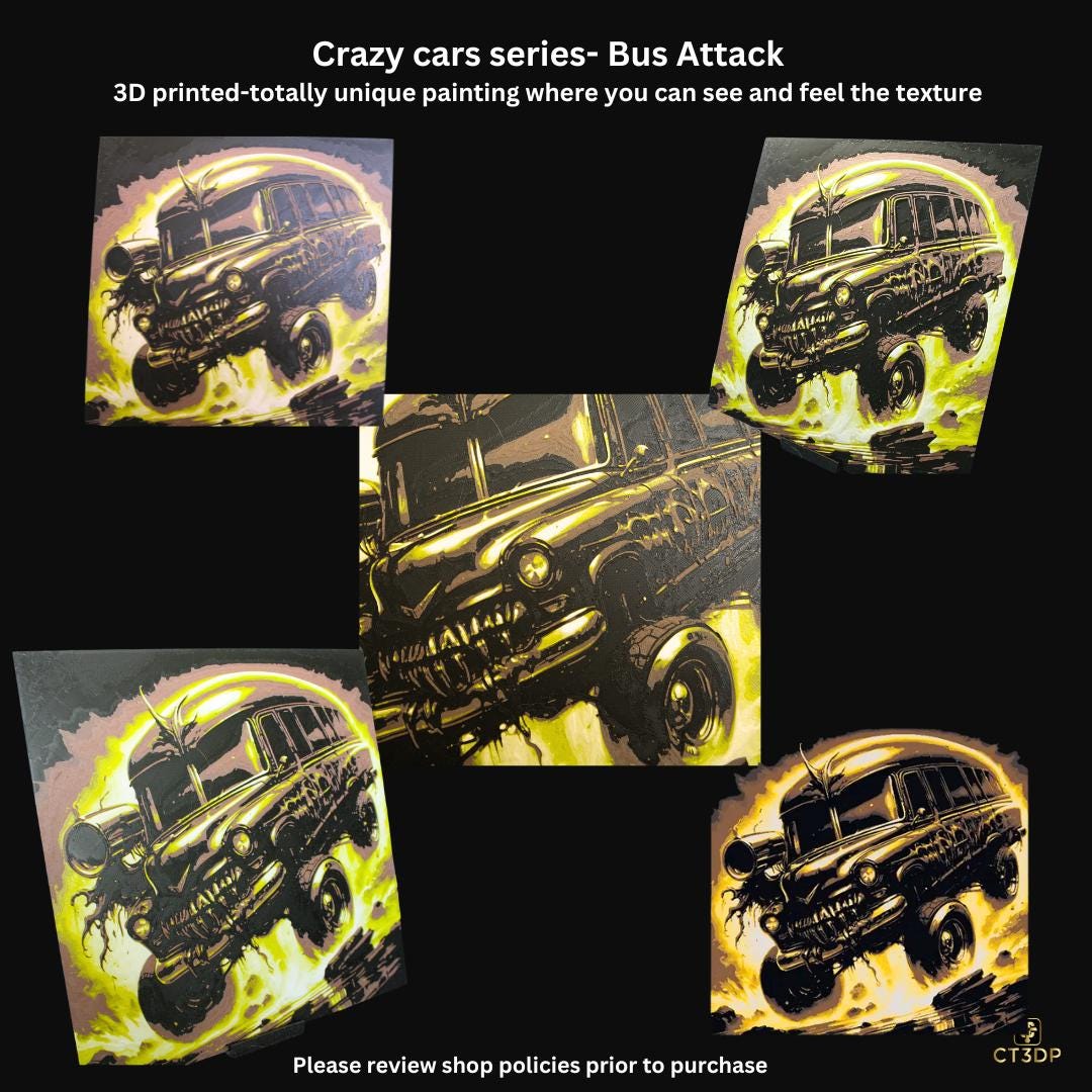 Crazy Cars- Short Bus Attack- 3D printed textured painting