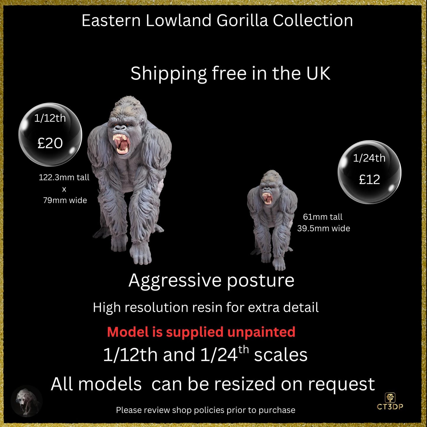Miniature Eastern Gorilla Model- 3D printed with Hi-Resolution resin for outstanding details
