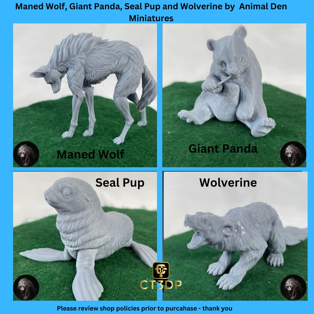 Animal Den Miniatures: Maned Wolf, Panda, Seal Pup, Wolverine