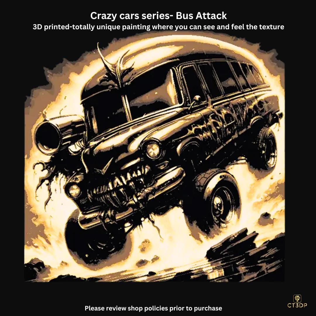 Crazy Cars- Short Bus Attack- 3D printed textured painting