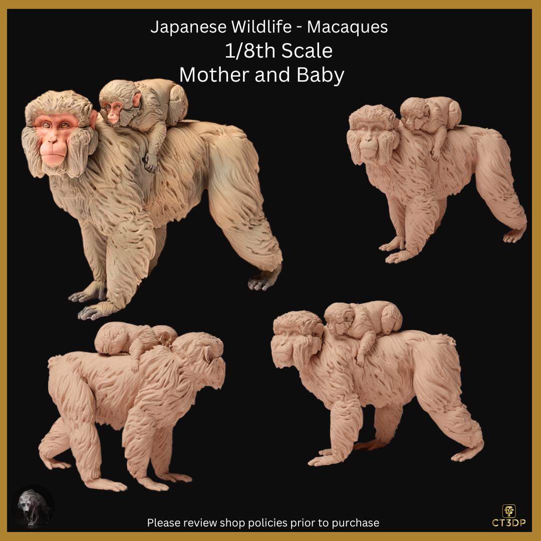 Japanese Macaque Monkey Miniature: Mother and Baby Figurine
