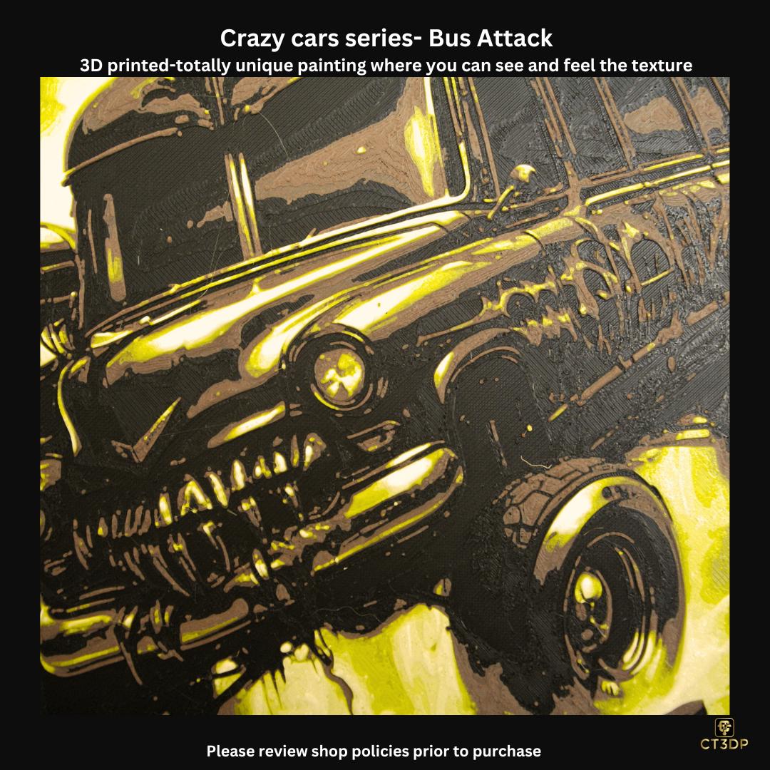Crazy Cars- Short Bus Attack- 3D printed textured painting