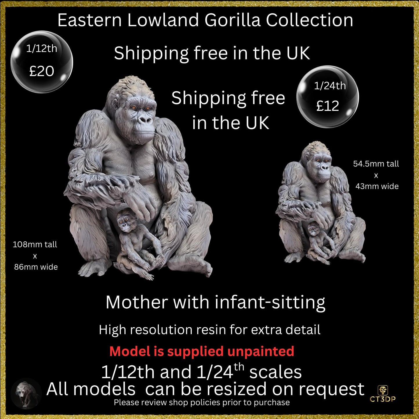 Miniature Eastern Gorilla Model- 3D printed with Hi-Resolution resin for outstanding details