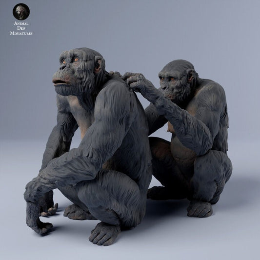Chimps Chilling-Grinning and Grooming by Animal Den Miniatures- Quality detail. Chimpanzee-Wild-jungle-forest-Africa-grooming-smiling