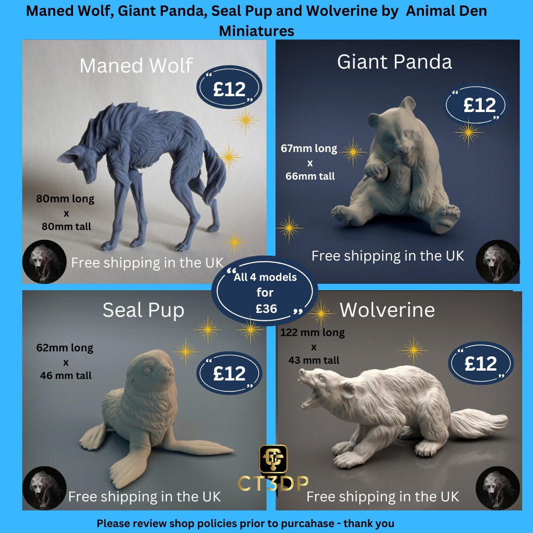 Animal Den Miniatures: Maned Wolf, Panda, Seal Pup, Wolverine