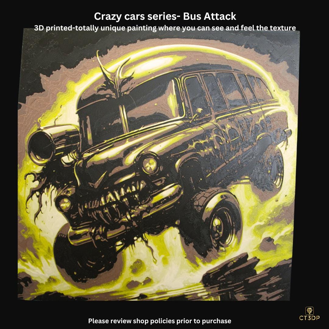 Crazy Cars- Short Bus Attack- 3D printed textured painting