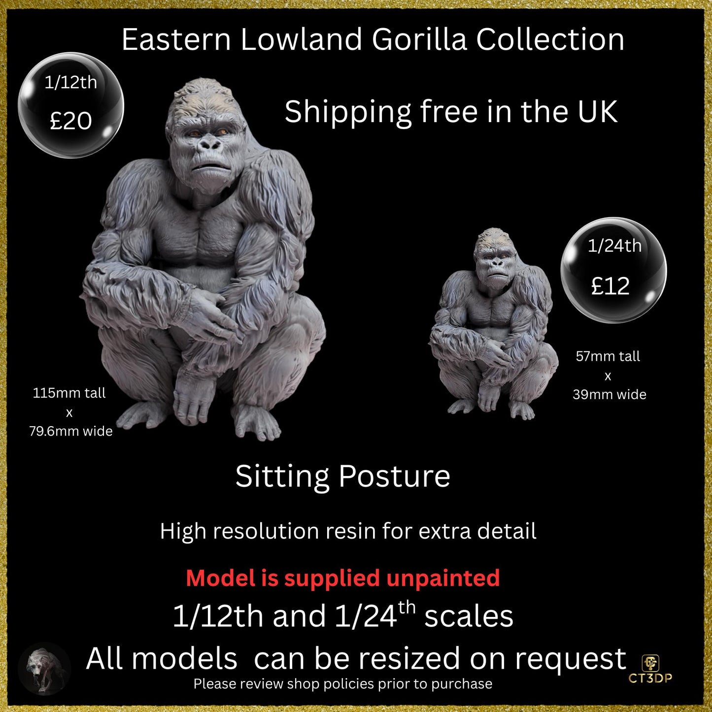 Miniature Eastern Gorilla Model- 3D printed with Hi-Resolution resin for outstanding details