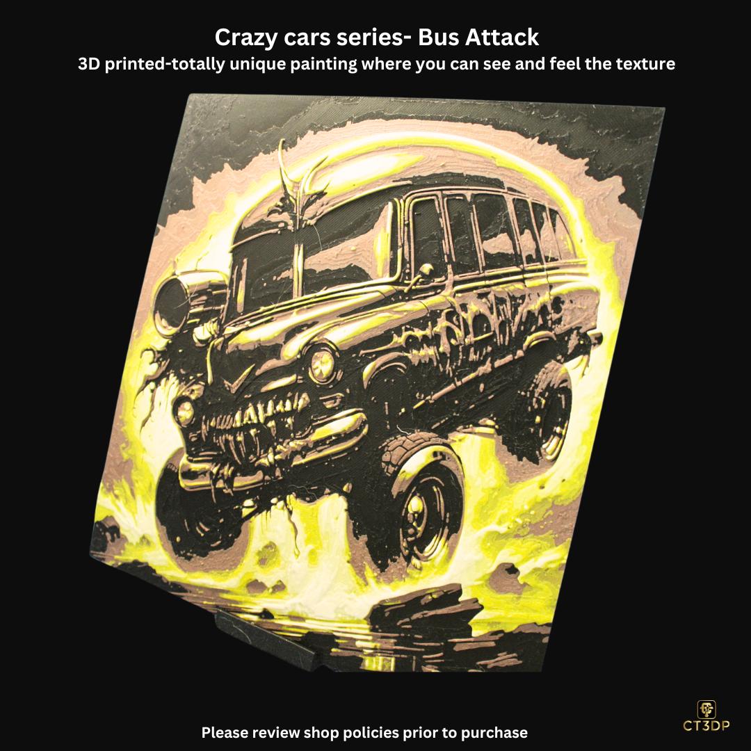 Crazy Cars- Short Bus Attack- 3D printed textured painting