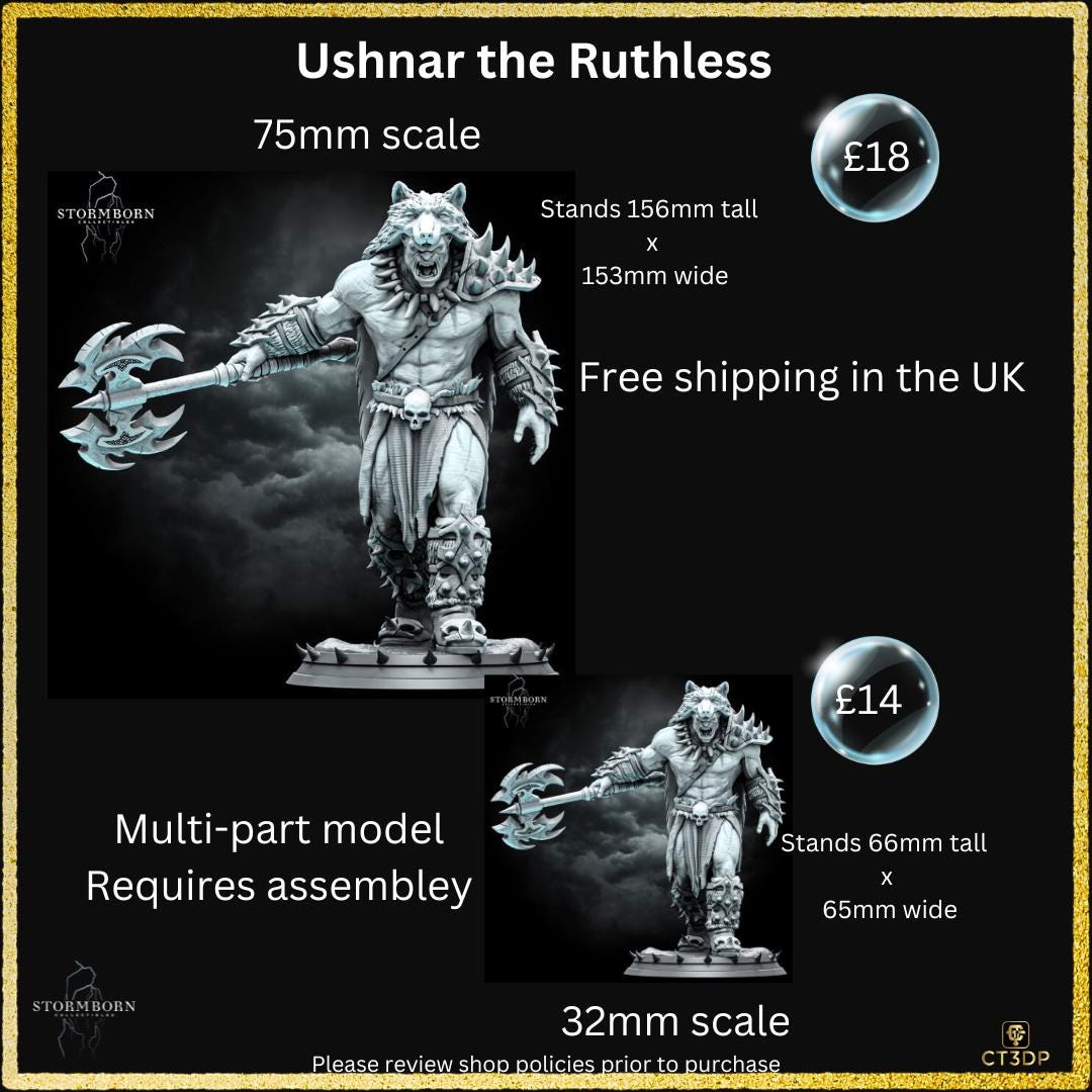 Ushnar the Ruthless Miniature: 3D Printed Resin Model (75mm/32mm)