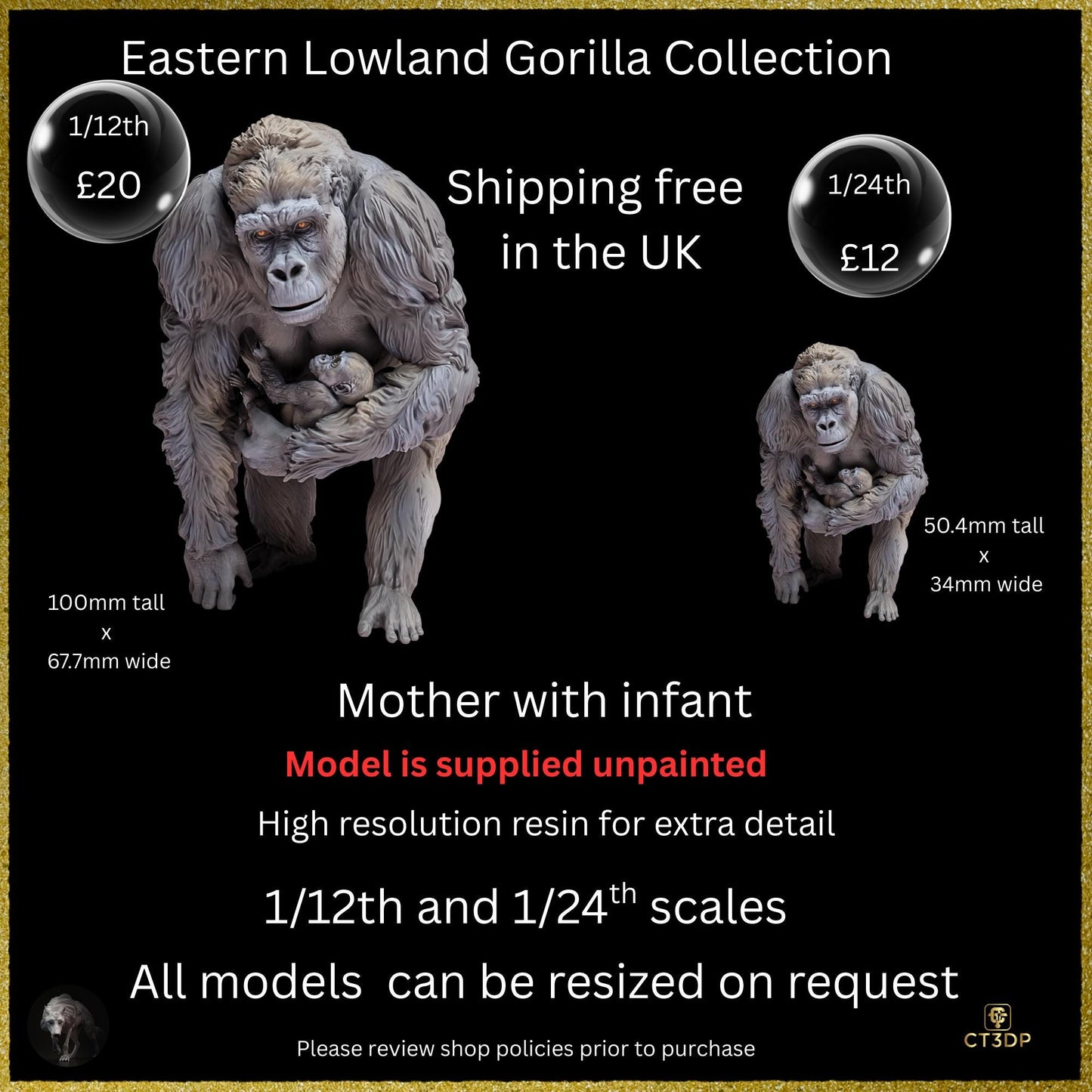 Miniature Eastern Gorilla Model- 3D printed with Hi-Resolution resin for outstanding details