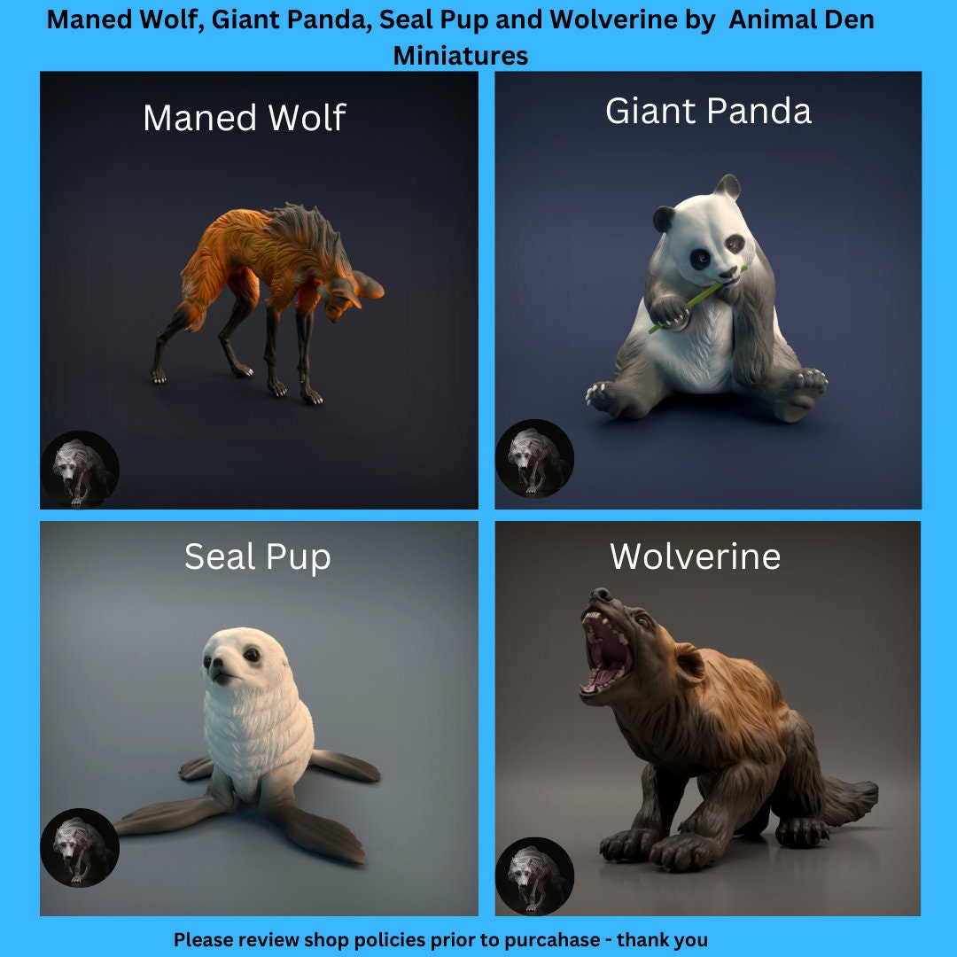 Animal Den Miniatures: Maned Wolf, Panda, Seal Pup, Wolverine